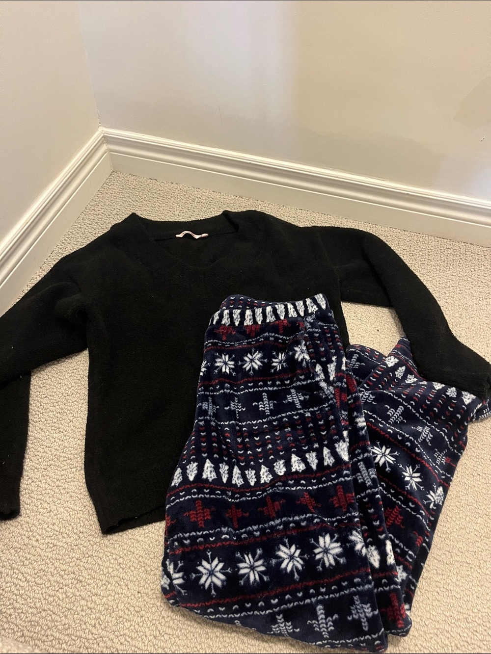 La Vie En Rose Black V-Neck Sweater with Navy Red & White Fair Isle Pajama Pants